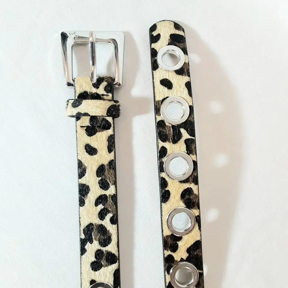 Womens Leopard Print Hairy Faux Leather Belt Size Large Big Grommets
